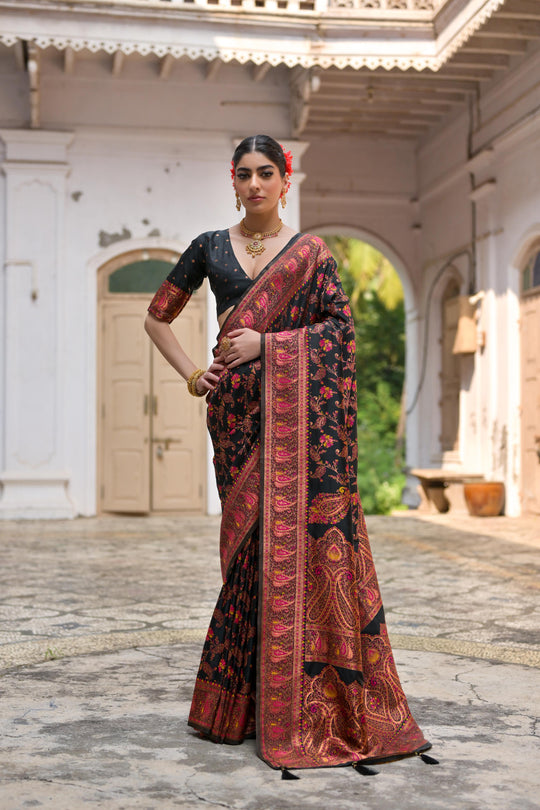 Black Soft Pashmina Silk Meena Zari Woven Saree with Blouse