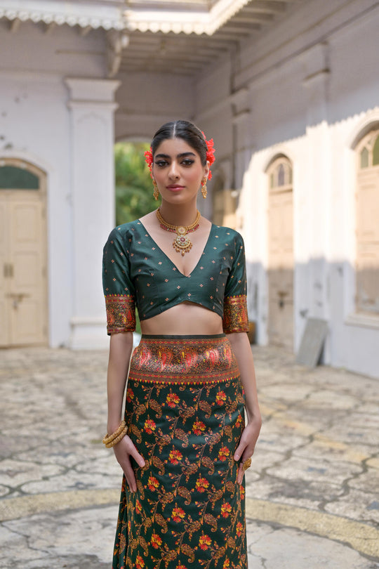 Bottle Green Soft Pashmina Silk Meena Zari Woven Saree with Blouse