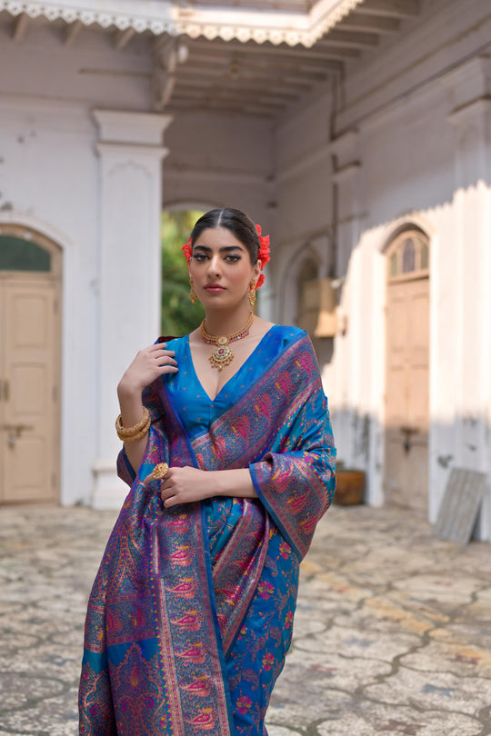 Firozi Soft Pashmina Silk Meena Zari Woven Saree with Blouse