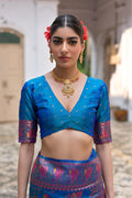 Firozi Soft Pashmina Silk Meena Zari Woven Saree with Blouse