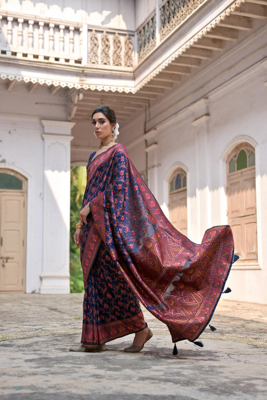 Navy Blue Soft Pashmina Silk Meena Zari Woven Saree with Blouse