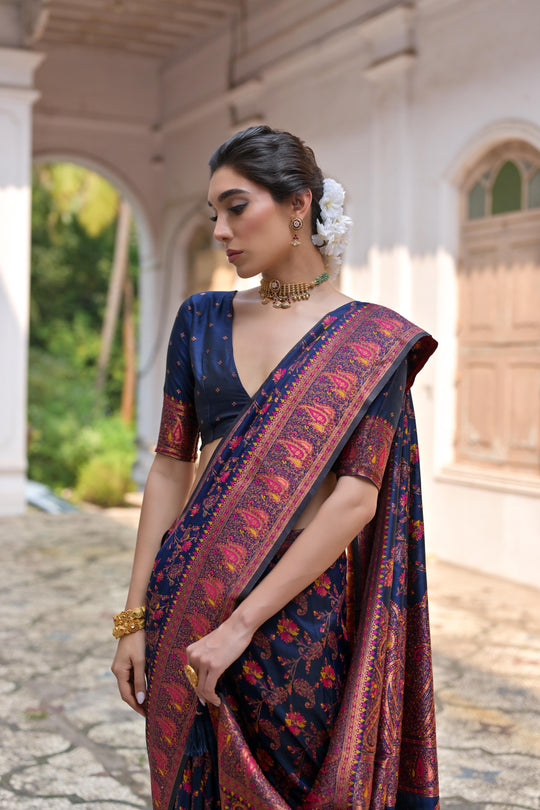 Navy Blue Soft Pashmina Silk Meena Zari Woven Saree with Blouse