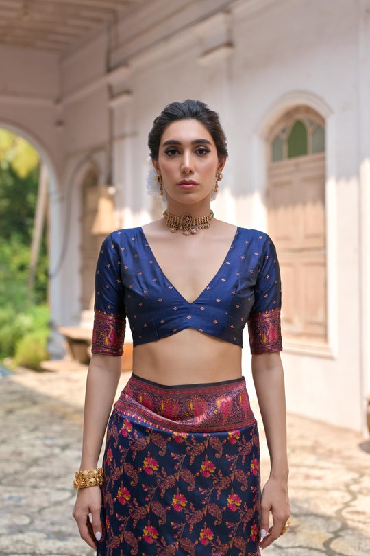 Navy Blue Soft Pashmina Silk Meena Zari Woven Saree with Blouse