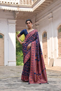 Navy Blue Soft Pashmina Silk Meena Zari Woven Saree with Blouse