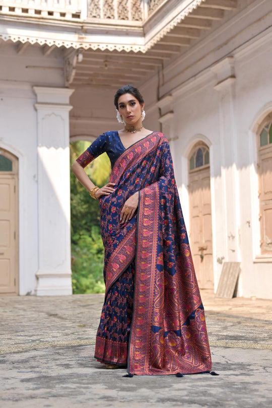 Navy Blue Soft Pashmina Silk Meena Zari Woven Saree with Blouse