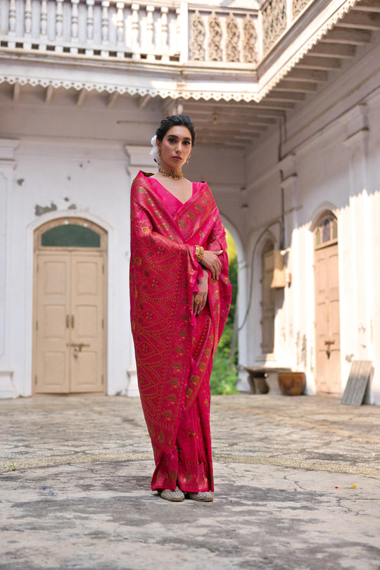 Pink Soft Pashmina Silk Meena Zari Woven Saree with Blouse