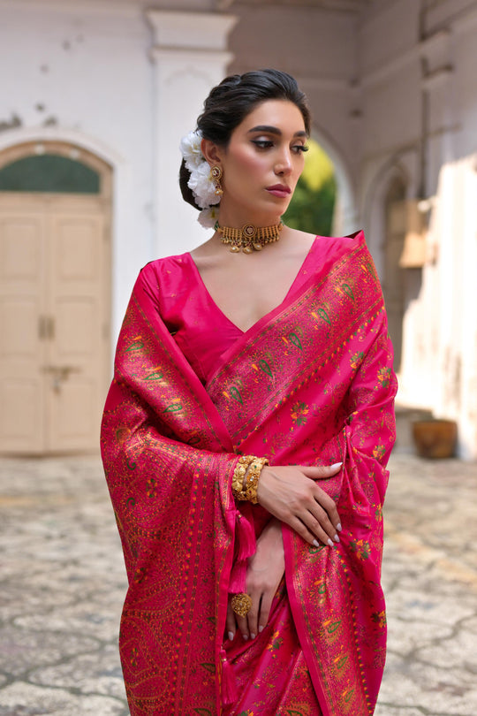 Pink Soft Pashmina Silk Meena Zari Woven Saree with Blouse