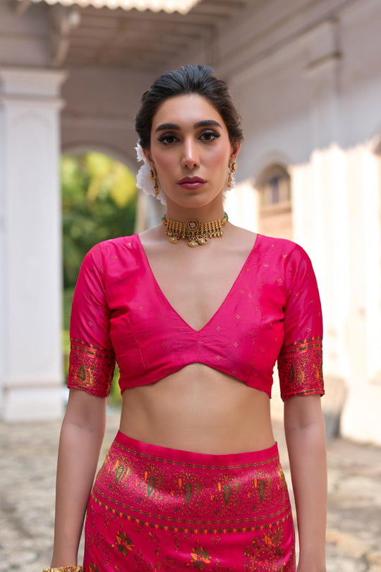 Pink Soft Pashmina Silk Meena Zari Woven Saree with Blouse