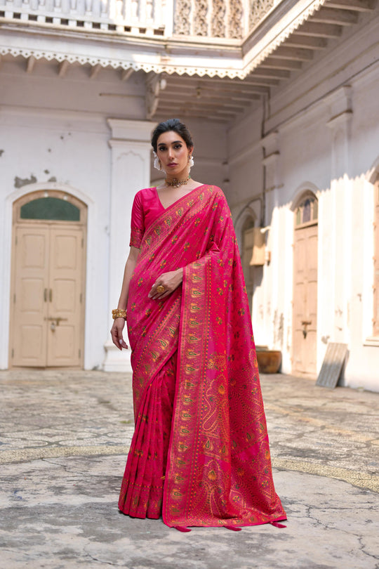 Pink Soft Pashmina Silk Meena Zari Woven Saree with Blouse