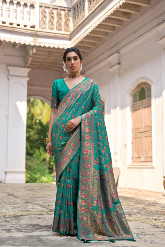 Rama Soft Pashmina Silk Meena Zari Woven Saree with Blouse
