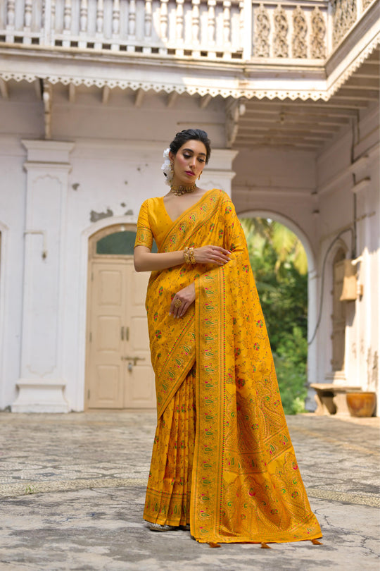 Yellow Soft Pashmina Silk Meena Zari Woven Saree with Blouse