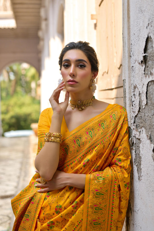 Yellow Soft Pashmina Silk Meena Zari Woven Saree with Blouse