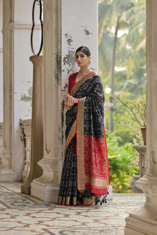 Black Soft Raw Silk Zari Woven Saree with Blouse