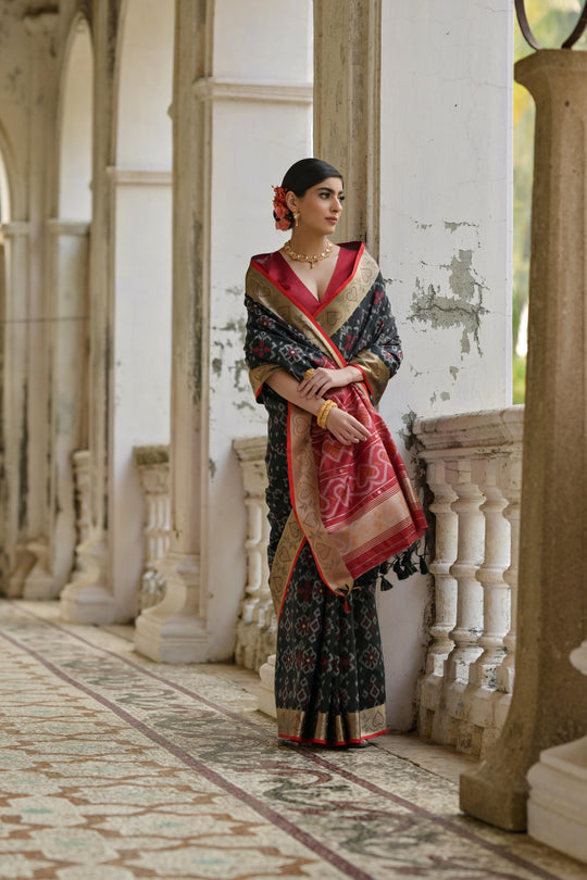 Black Soft Raw Silk Zari Woven Saree with Blouse