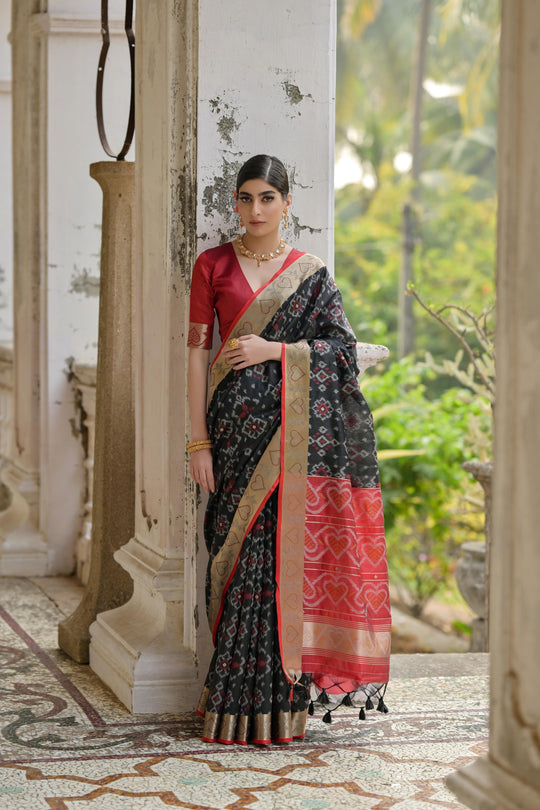 Black Soft Raw Silk Zari Woven Saree with Blouse
