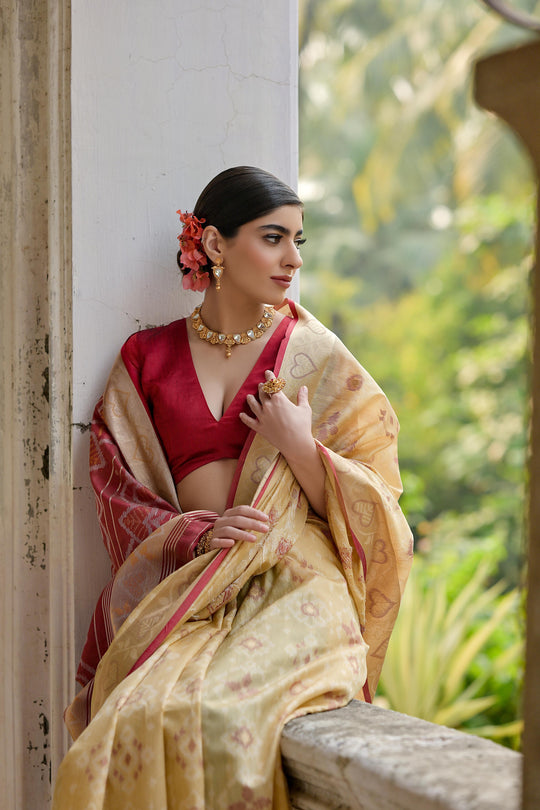 Cream Soft Raw Silk Zari Woven Saree with Blouse