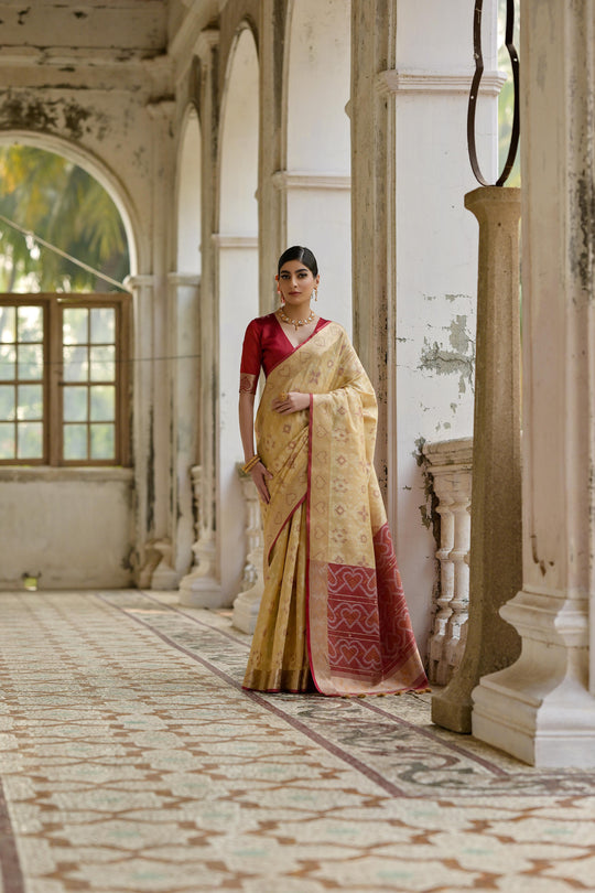 Cream Soft Raw Silk Zari Woven Saree with Blouse