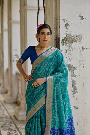 Firozi Soft Raw Silk Zari Woven Saree with Blouse
