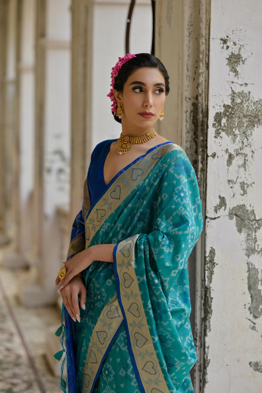 Firozi Soft Raw Silk Zari Woven Saree with Blouse