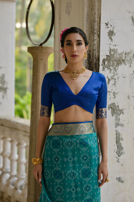 Firozi Soft Raw Silk Zari Woven Saree with Blouse
