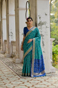 Firozi Soft Raw Silk Zari Woven Saree with Blouse