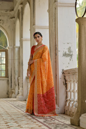 Orange Soft Raw Silk Zari Woven Saree with Blouse