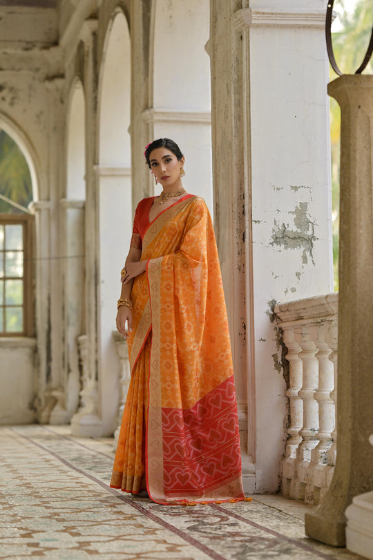 Orange Soft Raw Silk Zari Woven Saree with Blouse