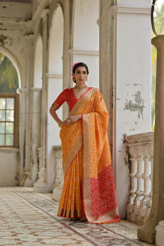 Orange Soft Raw Silk Zari Woven Saree with Blouse