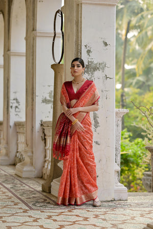 Coral Soft Raw Silk Zari Woven Saree with Blouse