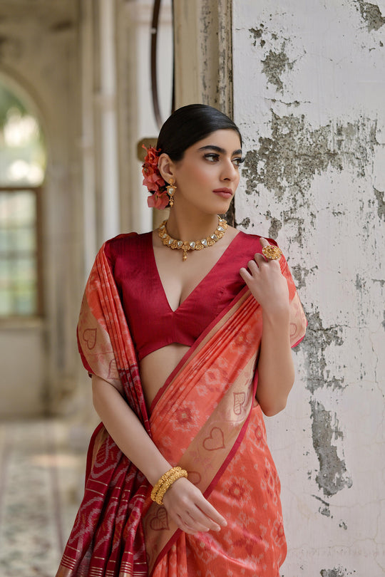 Coral Soft Raw Silk Zari Woven Saree with Blouse