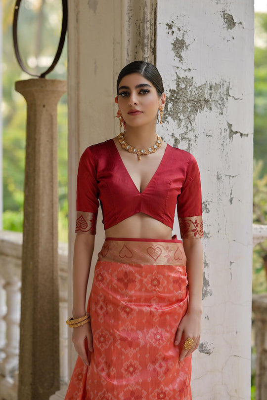 Coral Soft Raw Silk Zari Woven Saree with Blouse