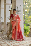 Coral Soft Raw Silk Zari Woven Saree with Blouse