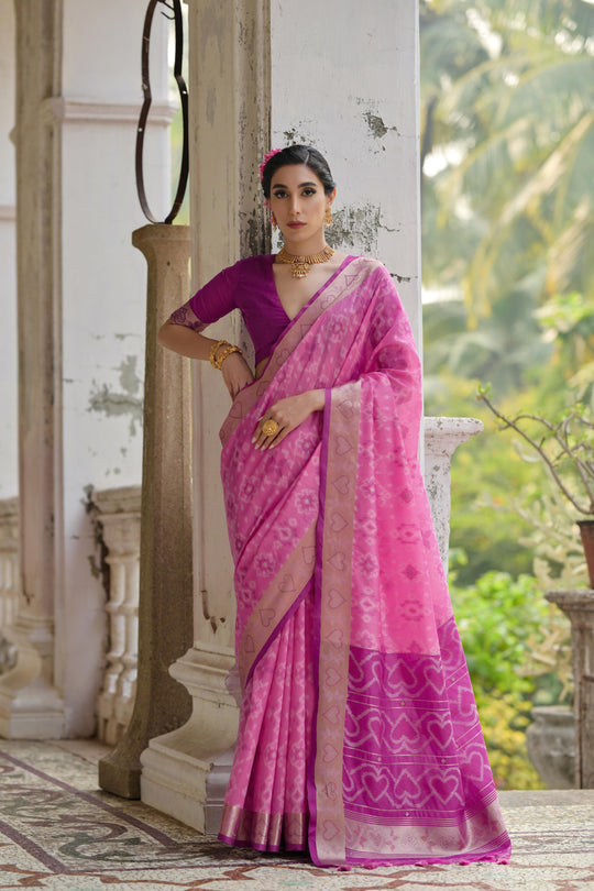 Pink Soft Raw Silk Zari Woven Saree with Blouse