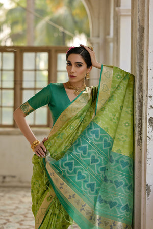 Green Soft Raw Silk Zari Woven Saree with Blouse