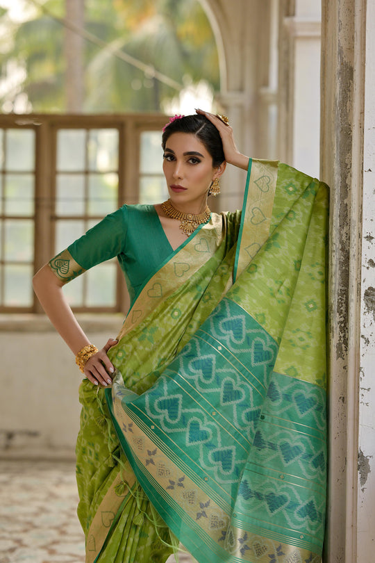 Green Soft Raw Silk Zari Woven Saree with Blouse
