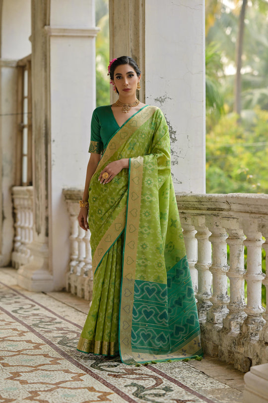Green Soft Raw Silk Zari Woven Saree with Blouse