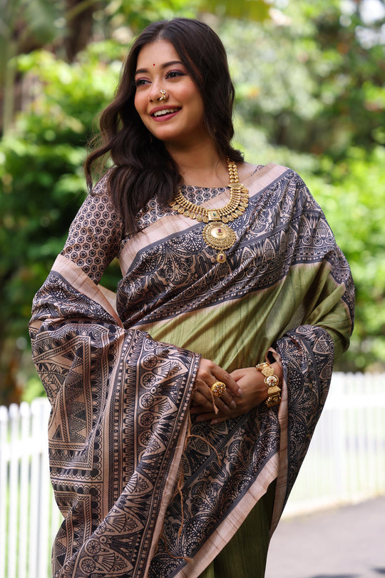 Green Soft Tussar Silk Madhubani Printed Saree with Blouse