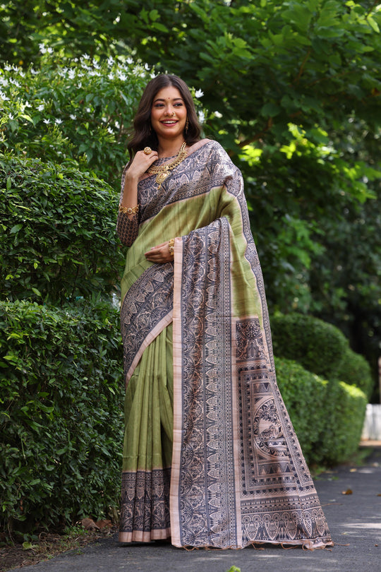 Green Soft Tussar Silk Madhubani Printed Saree with Blouse