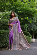Purple Soft Tussar Silk Madhubani Printed Saree with Blouse