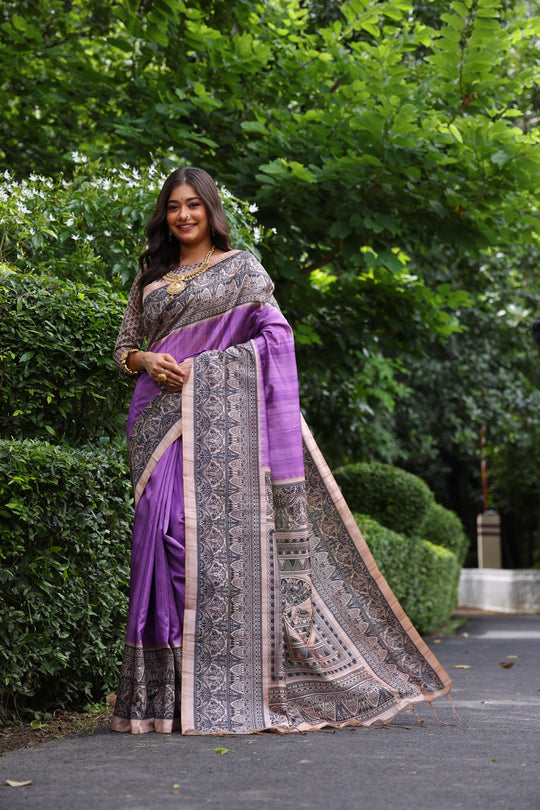Purple Soft Tussar Silk Madhubani Printed Saree with Blouse