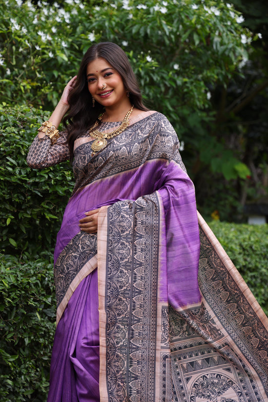 Purple Soft Tussar Silk Madhubani Printed Saree with Blouse