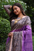 Purple Soft Tussar Silk Madhubani Printed Saree with Blouse