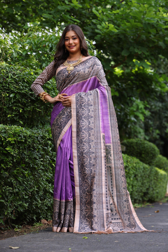 Purple Soft Tussar Silk Madhubani Printed Saree with Blouse