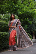 Red Soft Tussar Silk Madhubani Printed Saree with Blouse
