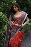 Red Soft Tussar Silk Madhubani Printed Saree with Blouse