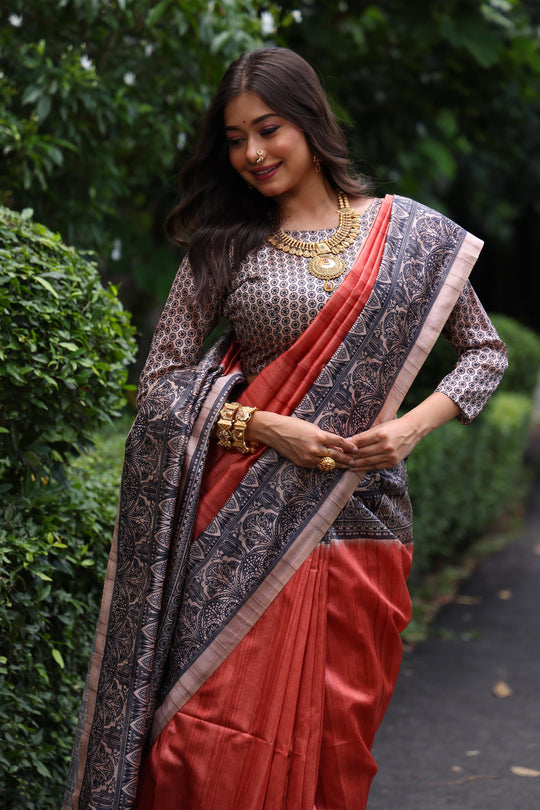 Red Soft Tussar Silk Madhubani Printed Saree with Blouse