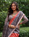 Red Soft Tussar Silk Madhubani Printed Saree with Blouse