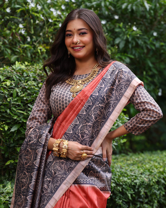 Red Soft Tussar Silk Madhubani Printed Saree with Blouse
