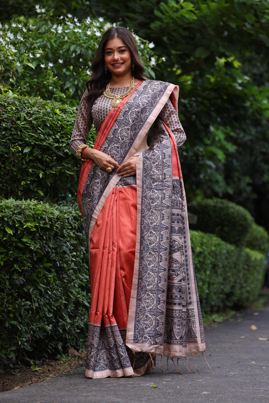 Red Soft Tussar Silk Madhubani Printed Saree with Blouse