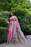 Pink Soft Tussar Silk Madhubani Printed Saree with Blouse